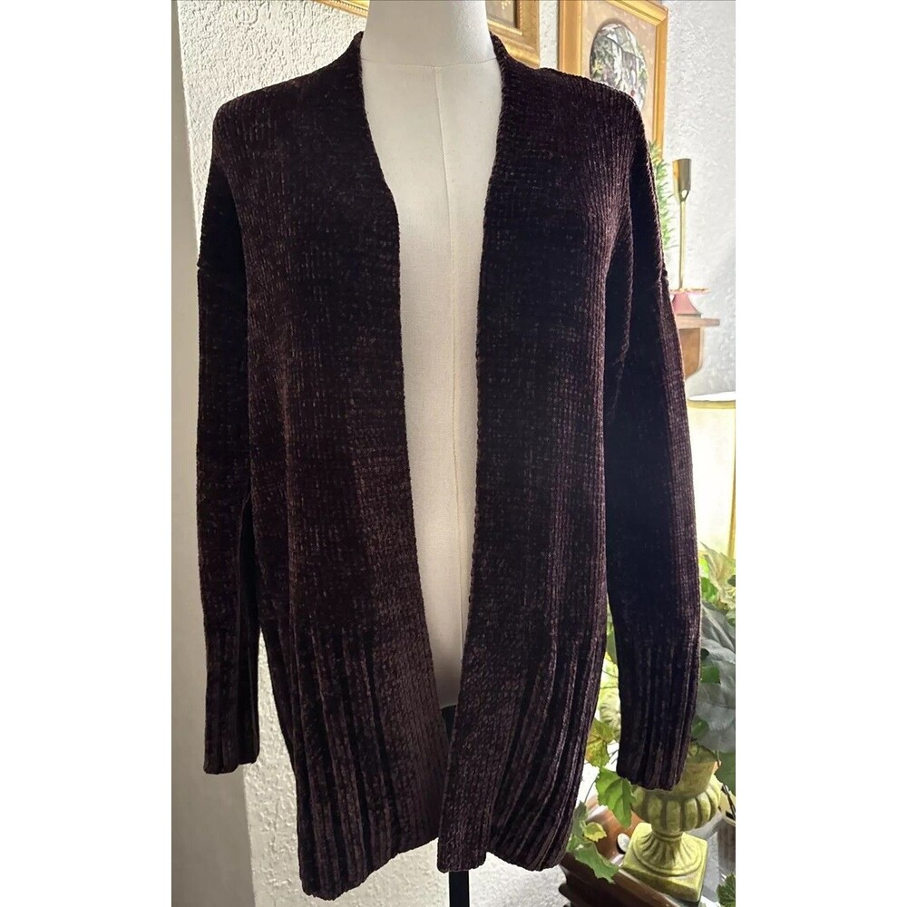 Open Front Knit chenille Cardigan Sweater Women's Long Sleeve Burgundy Casual S